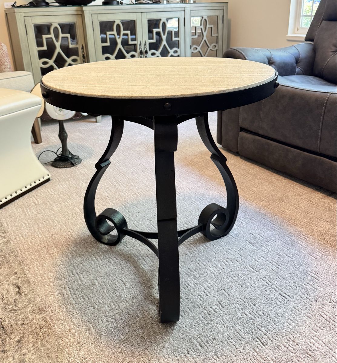 Hooker Furniture Wrought Iron Side Table with Stone Top - 26" Round, 26.5" Tall