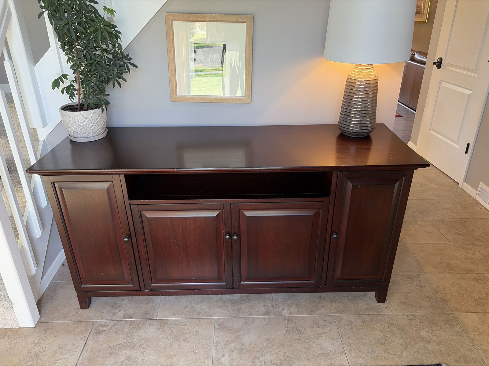 Pottery barn Dark Wood Media Console TV Stand with Storage Cabinets and Open Shelf