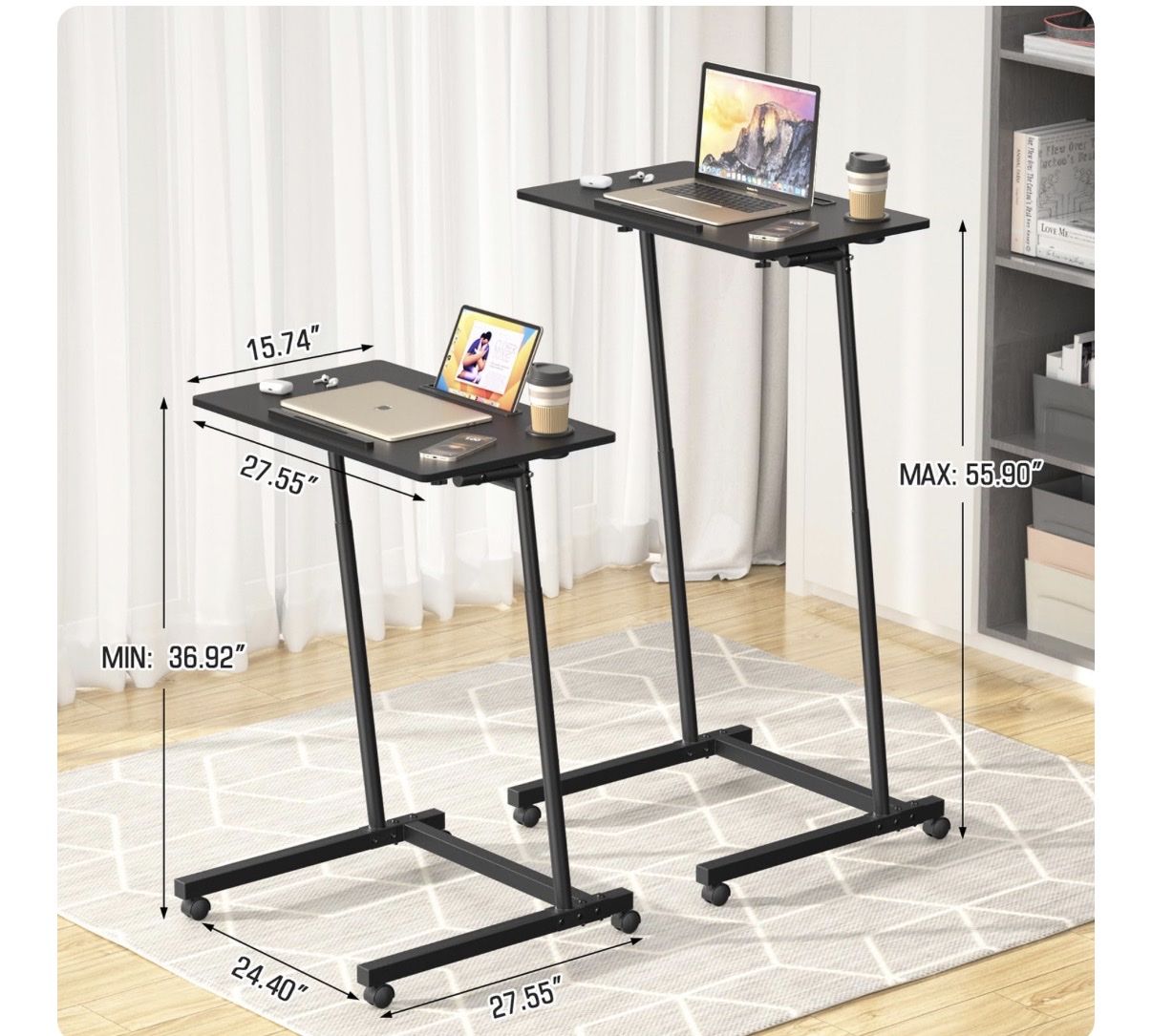 Adjustable Height Rolling Laptop Desk for Treadmill, Standing Desk, or Sofa Side Table, Black