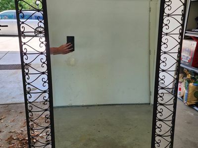 Large Wrought Iron Frame Floor Mirror with Scrollwork Border