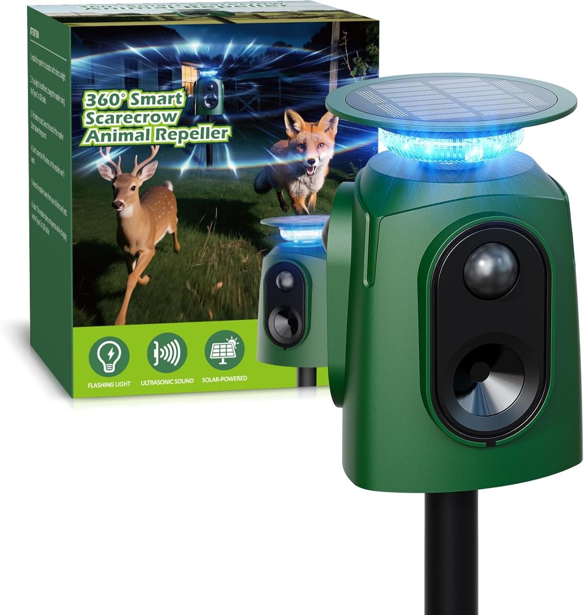 NEW 360° Solar Deer Repellent Devices, Ultrasonic Animal Deterrent with Motion Sensor & LED Lights, Waterproof