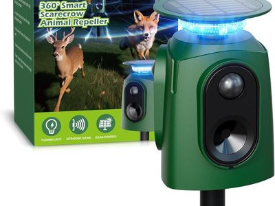 NEW 360° Solar Deer Repellent Devices, Ultrasonic Animal Deterrent with Motion Sensor & LED Lights, Waterproof