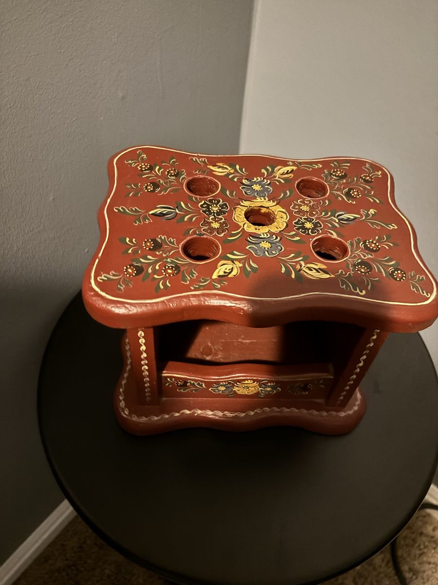 Vintage Hand Painted Wooden Foot Stove / Folk Art Foot Warmer Stand
