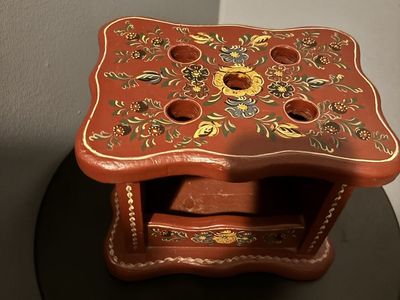 Vintage Hand Painted Wooden Foot Stove / Folk Art Foot Warmer Stand