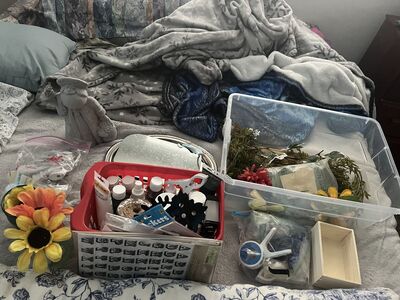 Art And Craft supplies And A Santa Statue