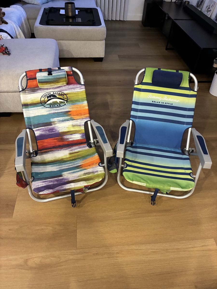 Tommy Bahama Backpack Beach Chairs (Pair or Individual) with Pillow & Storage - Multicolor Stripe Pattern