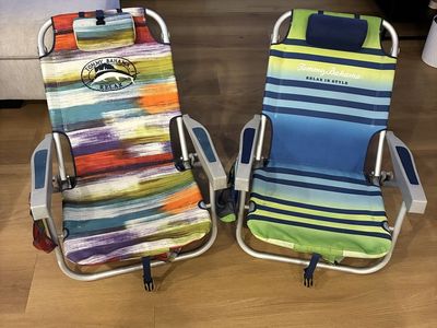 Tommy Bahama Backpack Beach Chairs (Pair or Individual) with Pillow & Storage - Multicolor Stripe Pattern