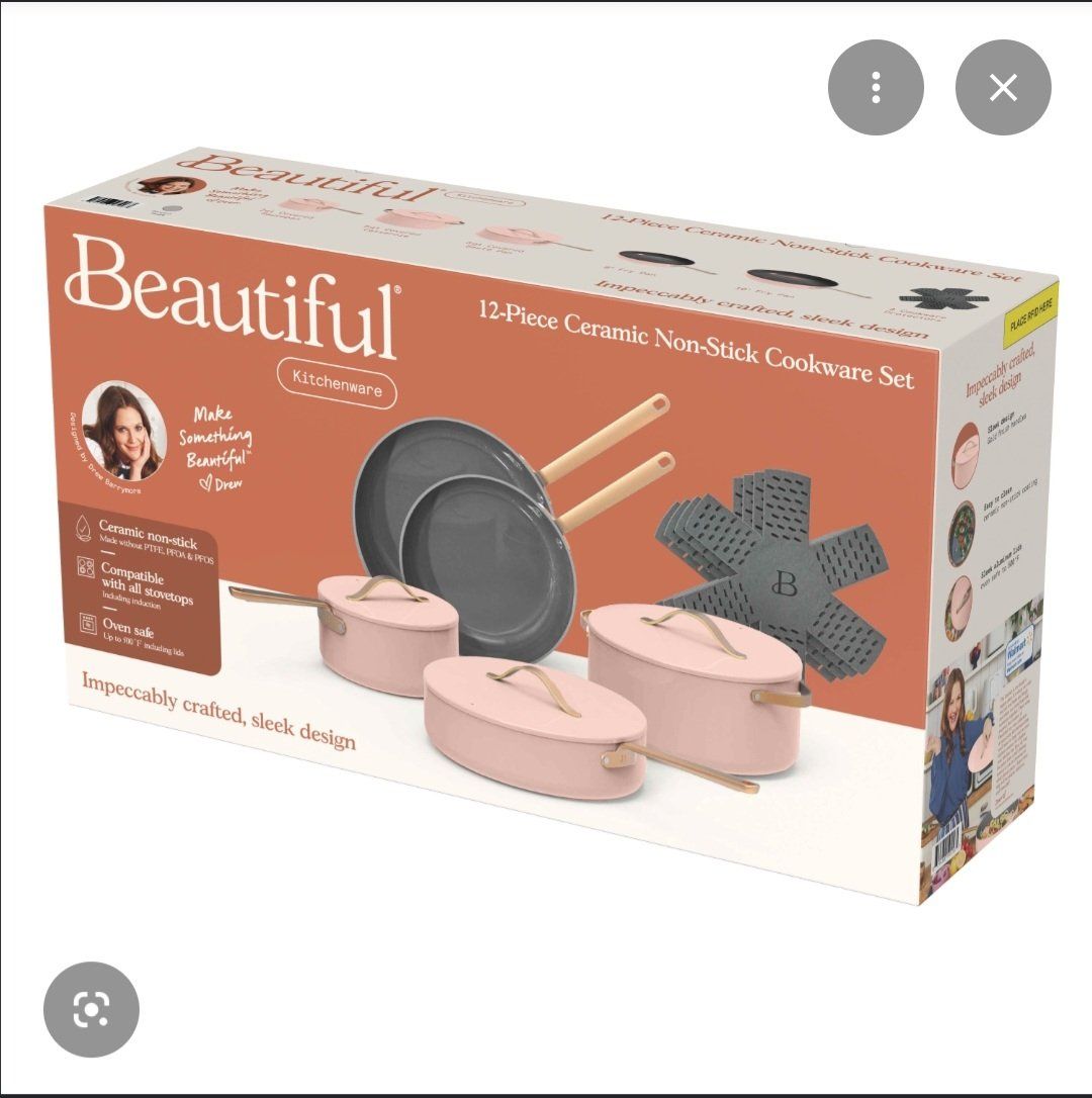 Beautiful by Drew Barrymore 12-Piece Ceramic Non-Stick Cookware Set - Pink