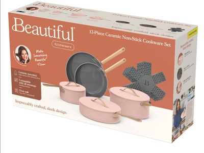 Beautiful by Drew Barrymore 12-Piece Ceramic Non-Stick Cookware Set - Pink