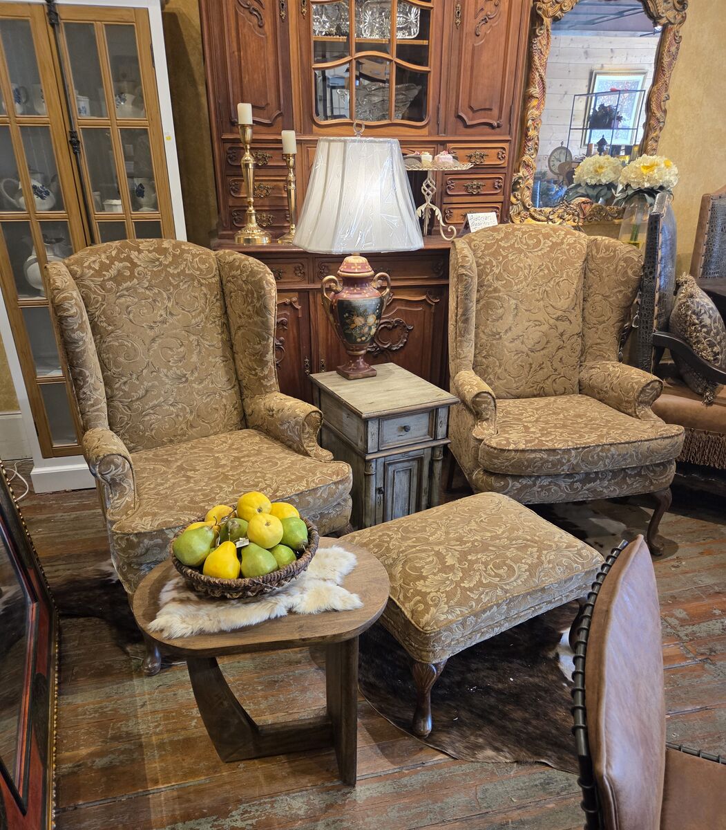 PRICE REDUCED!! BEAUTIFUL, TOP QUALITY 3 PC UPHOLSTERED WINGBACK CHAIRS SEATING GROUP.