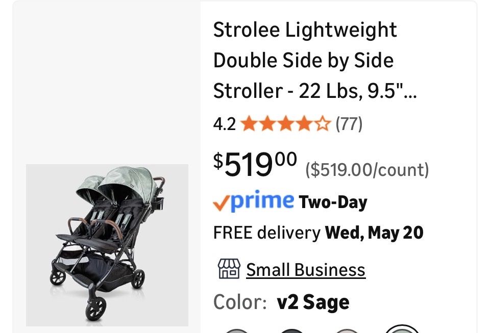 Strolee Lightweight Double Side-by-Side Stroller - 22 lbs, Sage Green with Snack Trays & Rain Cover