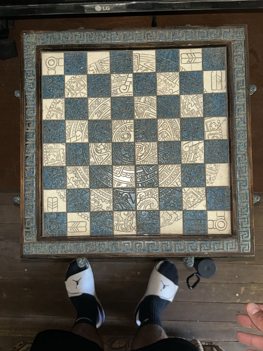 Handmade Aztec Mayan Chess Board Set Table Carved Wood Blue & White