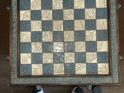 Handmade Aztec Mayan Chess Board Set Table Carved Wood Blue & White