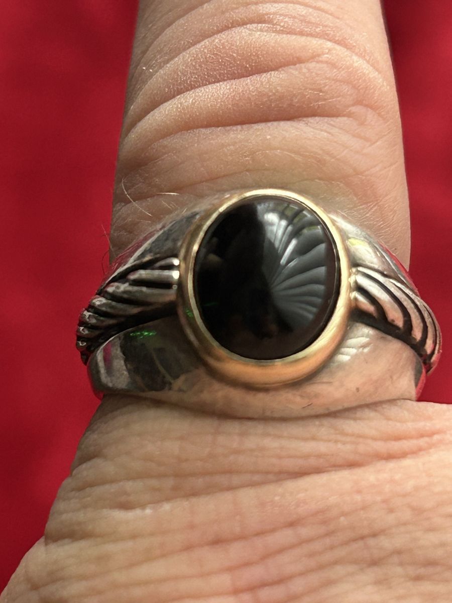 1989 DESIGNER SIGNET ONYX STERLING SILVER 14K 585 GOLD BEZEL RING 11g SIZE 11.5