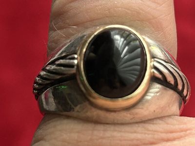 1989 DESIGNER SIGNET ONYX STERLING SILVER 14K 585 GOLD BEZEL RING 11g SIZE 11.5