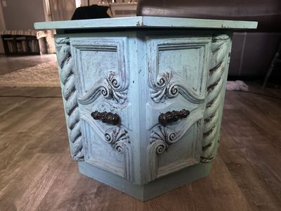 Shabby Chic Aqua Blue Carved Wood End Table / Side Table with Distressed Finish