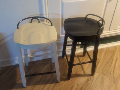Pair of Wooden Bar Stools - One Navy, One Cream, with Backrests