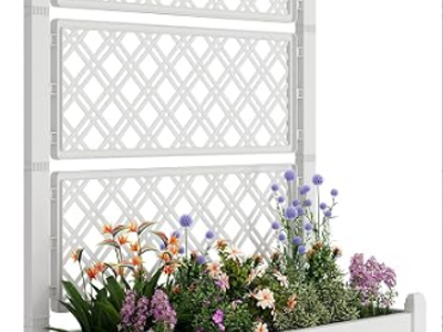 Resin Elevated Garden Planter Box with Trellis, Ashen color