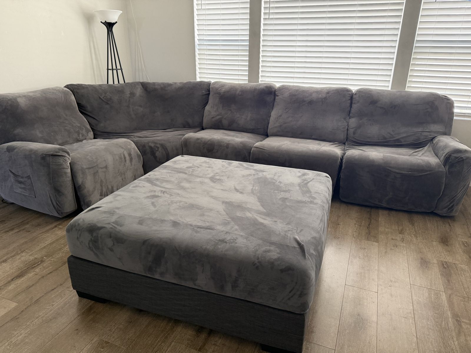 Five piece microfiber electric reclining sectional with couch covers and brand new ottoman