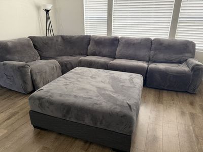 Five piece microfiber electric reclining sectional with couch covers and brand new ottoman