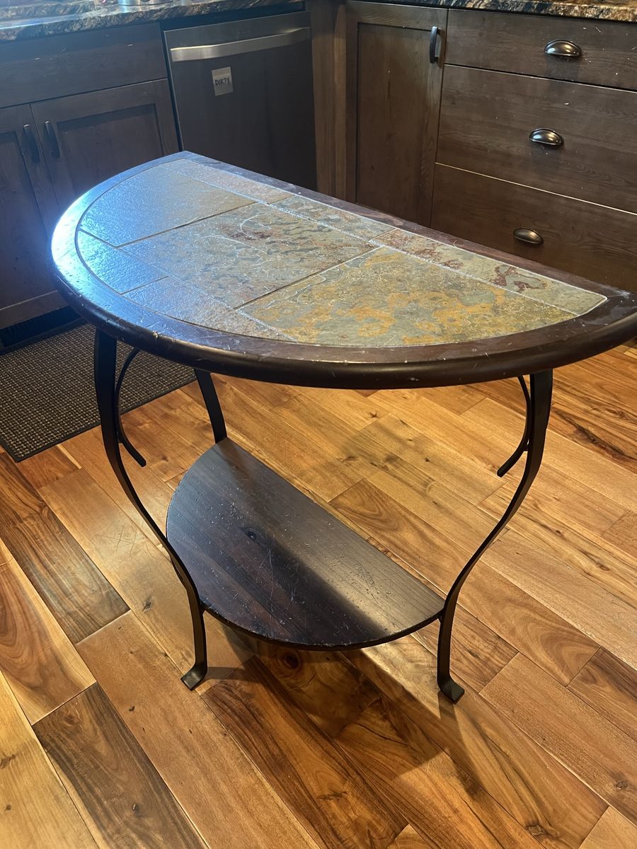Stone Mosaic Half-Moon Accent Table with Metal Frame - Sturdy Earth-Tone Console