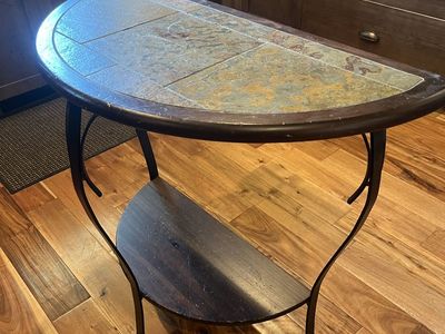Stone Mosaic Half-Moon Accent Table with Metal Frame - Sturdy Earth-Tone Console