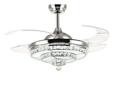 SILJOY Retractable Crystal Ceiling Fan with LED Light, Remote Control, 42 inch, Silver
