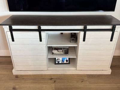 Farmhouse Style TV Stand Console with Sliding Barn Doors - White/Dark Wood Top