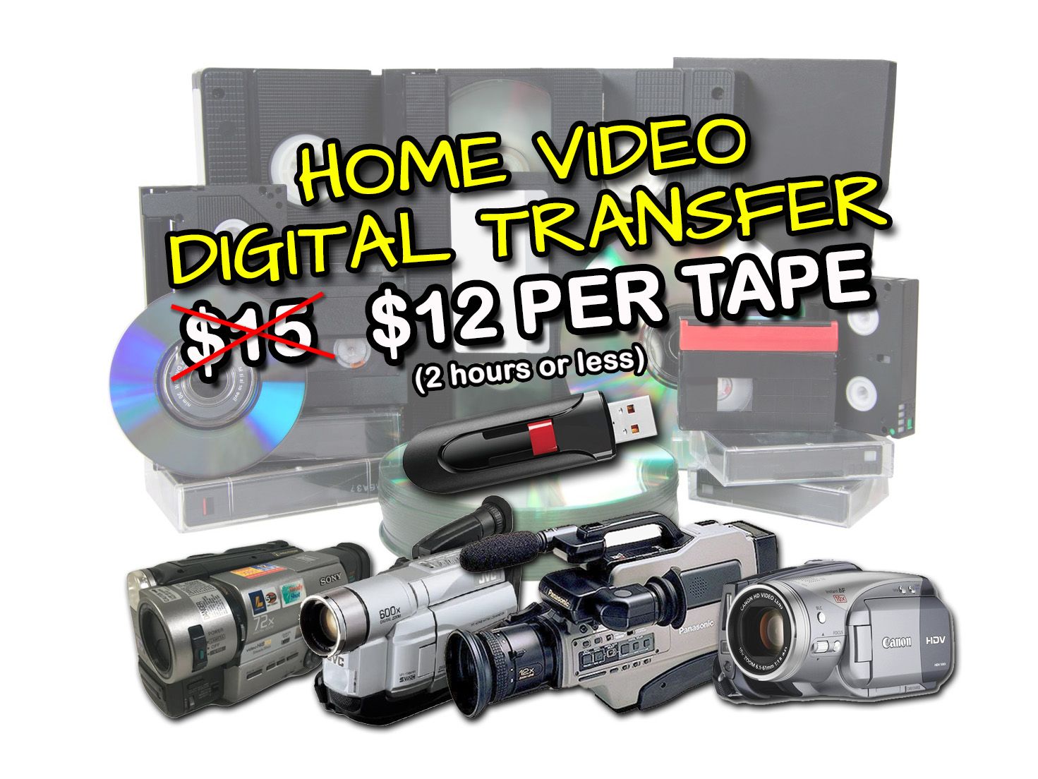 VCR Camcorder Videotape Digital Transfer (VHS, VHS-C, miniDV, 8MM, Hi8, Digital 8, HDV, S-VHS, D-VHS, DVD, USB, MP4 Video tapes)