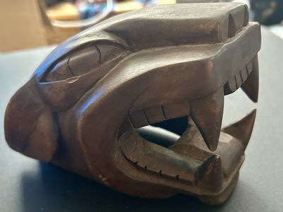 tage Hand Carved Wooden Jaguar, Head Sculpture