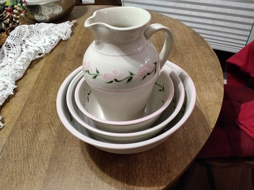 Vintage Hand-Painted Floral Ceramic Pitcher & Bowls Set