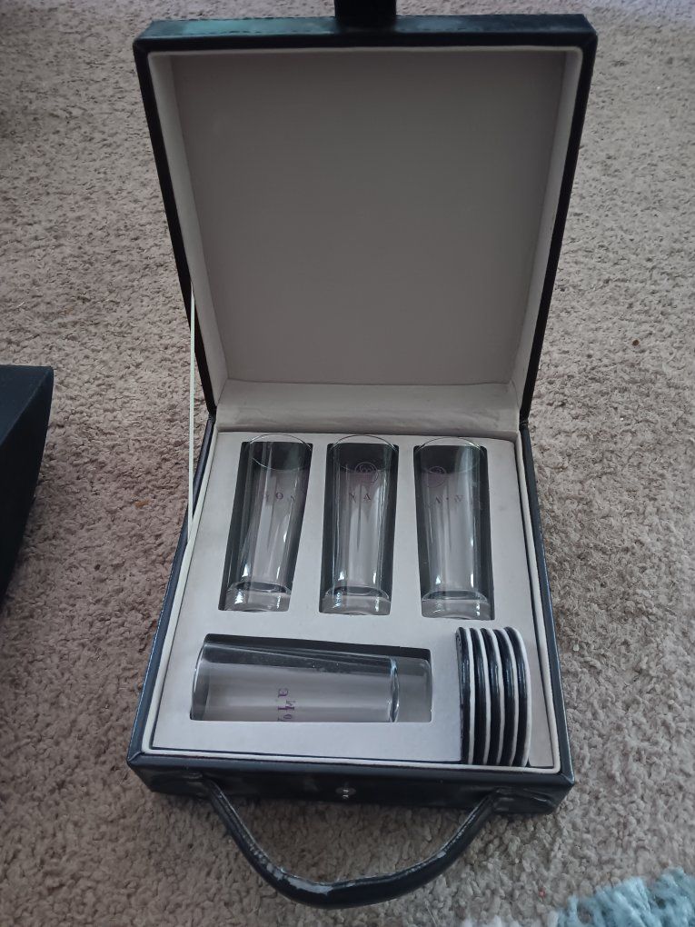 MonaVie Portable Shot Glass Set with 4 Glasses and Coasters in Black Carrying Case