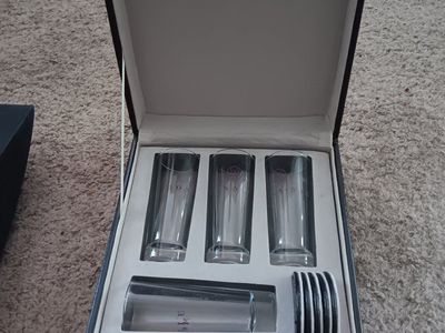 MonaVie Portable Shot Glass Set with 4 Glasses and Coasters in Black Carrying Case