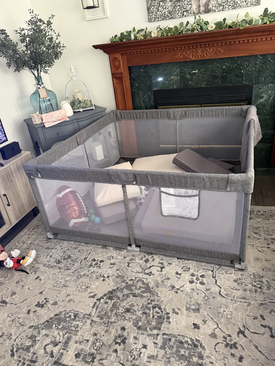 Large Gray Baby Playpen, Portable & Secure Playard for Infants & Toddlers