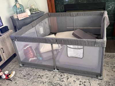 Large Gray Baby Playpen, Portable & Secure Playard for Infants & Toddlers