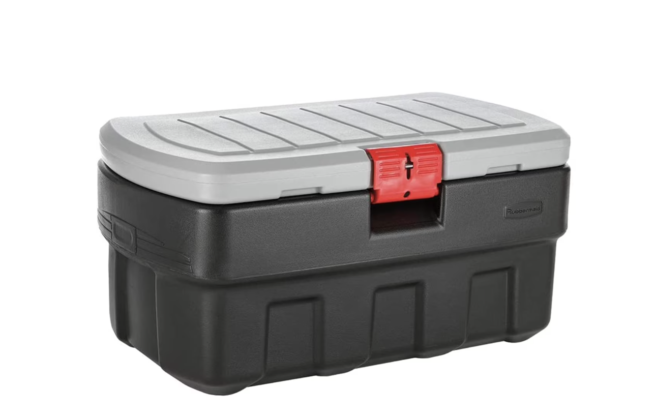Brand new Rubbermaid 35 Gallon Black Action Packer Lockable Latch Storage Box Tote