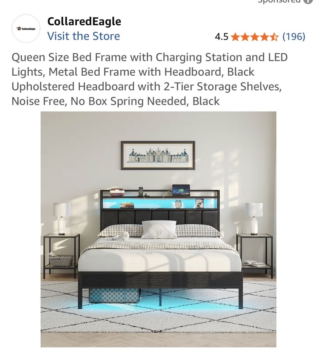 CollaredEagle Queen Size Bed Frame with LED Lights & Charging Station - Black Upholstered Headboard