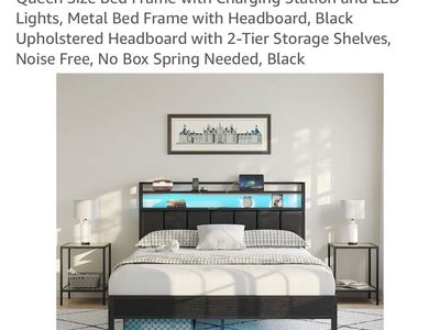 CollaredEagle Queen Size Bed Frame with LED Lights & Charging Station - Black Upholstered Headboard