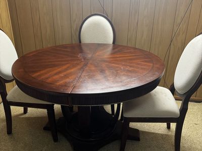 Round Wood Dining Table with Leaf and 3 Upholstered Chairs - Elegant Pedestal Base