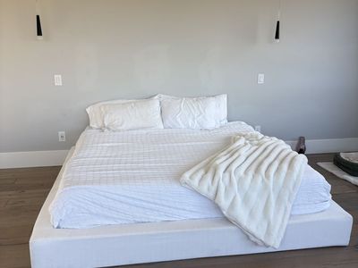White linen soft frame bed frame | King Size
