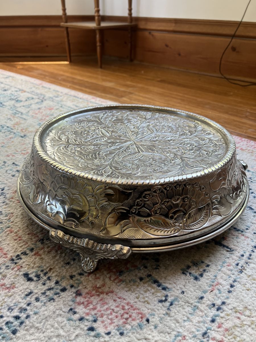 Large Silver Metal Embossed Cake Stand