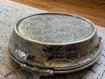 Large Silver Metal Embossed Cake Stand