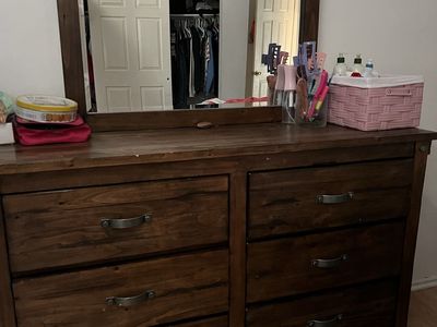 Wooden Queen Size Bed Frame & Dresser Set - Rustic Style with Storage
