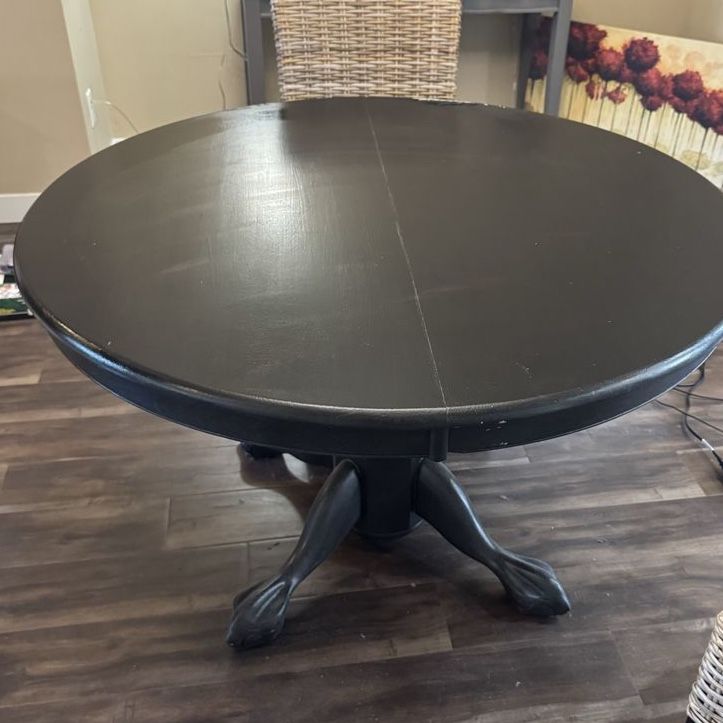 Black Round Pedestal Dining Table with Claw Feet - Solid Wood, includes table leaf/insert
