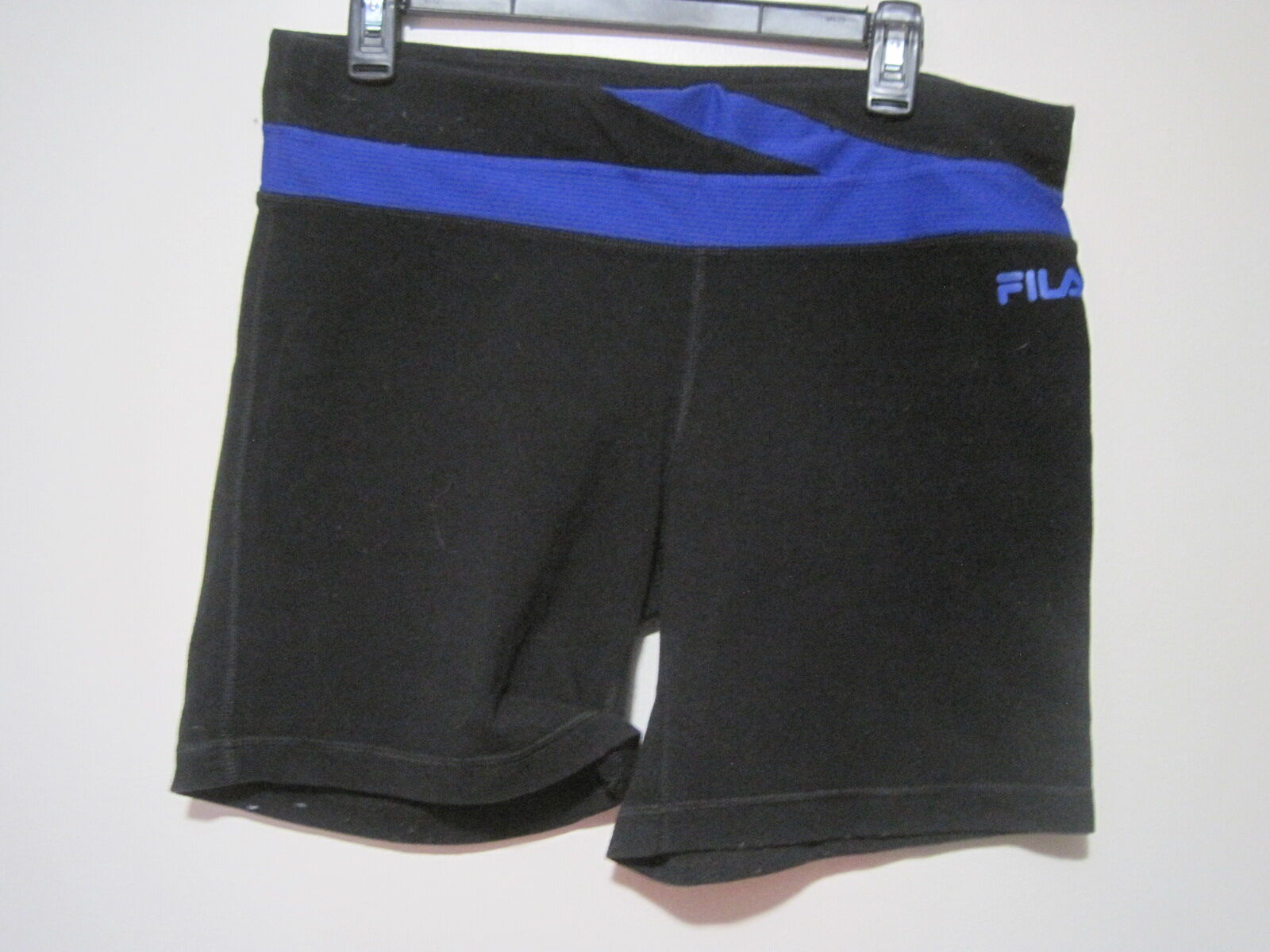 FILA SPORT Womens Large Black & Blue Stripe Flash Fitted Athletic Elastic Shorts