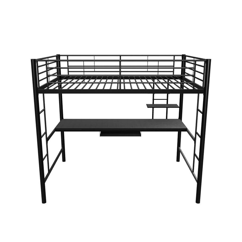 Metal Loft Bed with Desk and Shelves - Black Twin Size