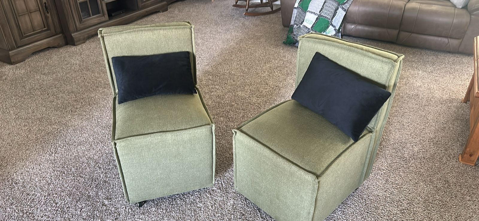Pair of Modern Green Upholstered Armless Accent Chairs on Wheels
