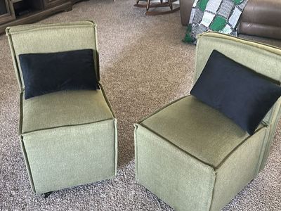 Pair of Modern Green Upholstered Armless Accent Chairs on Wheels