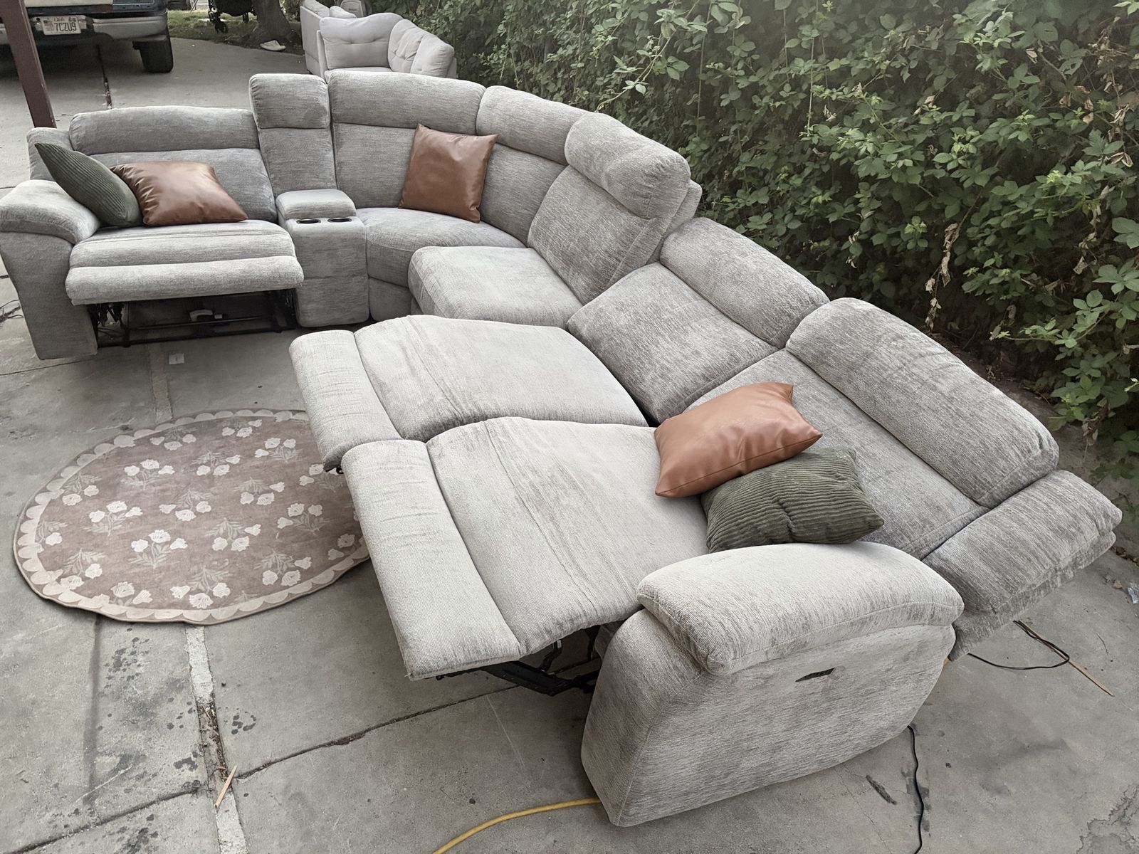 Grey Fabric Power Reclining Sectional Sofa with Console and Cup Holders