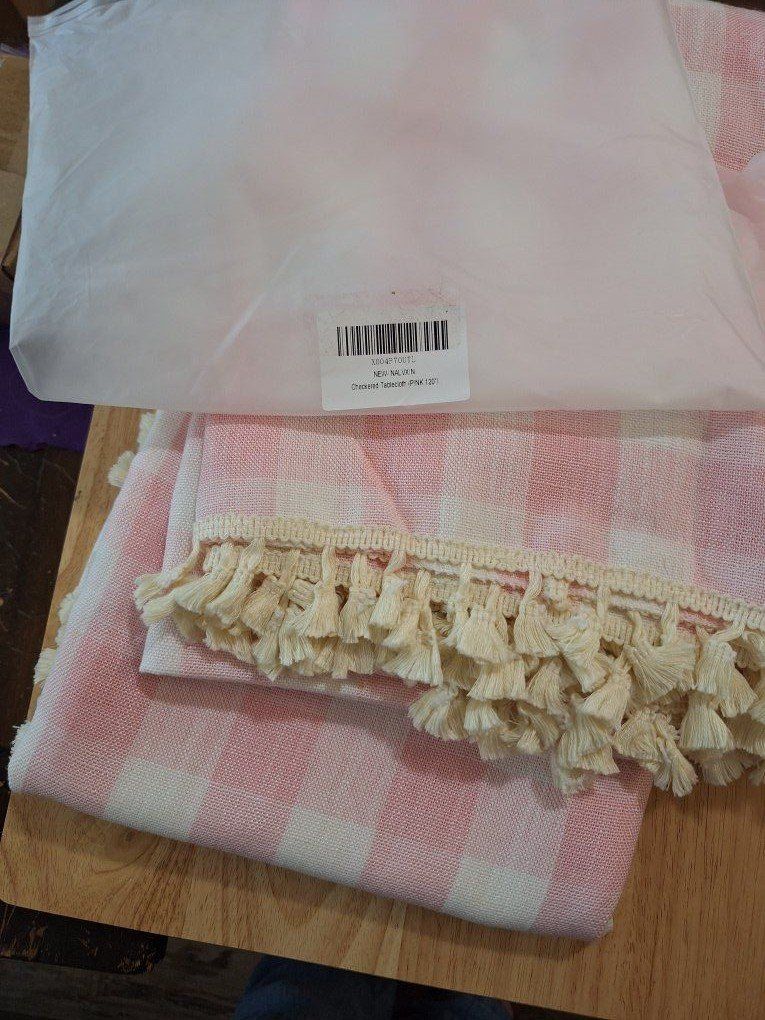 NALVXIN Pink Checkered Cotton-Linen Tasseled Tablecloth, 120 inch